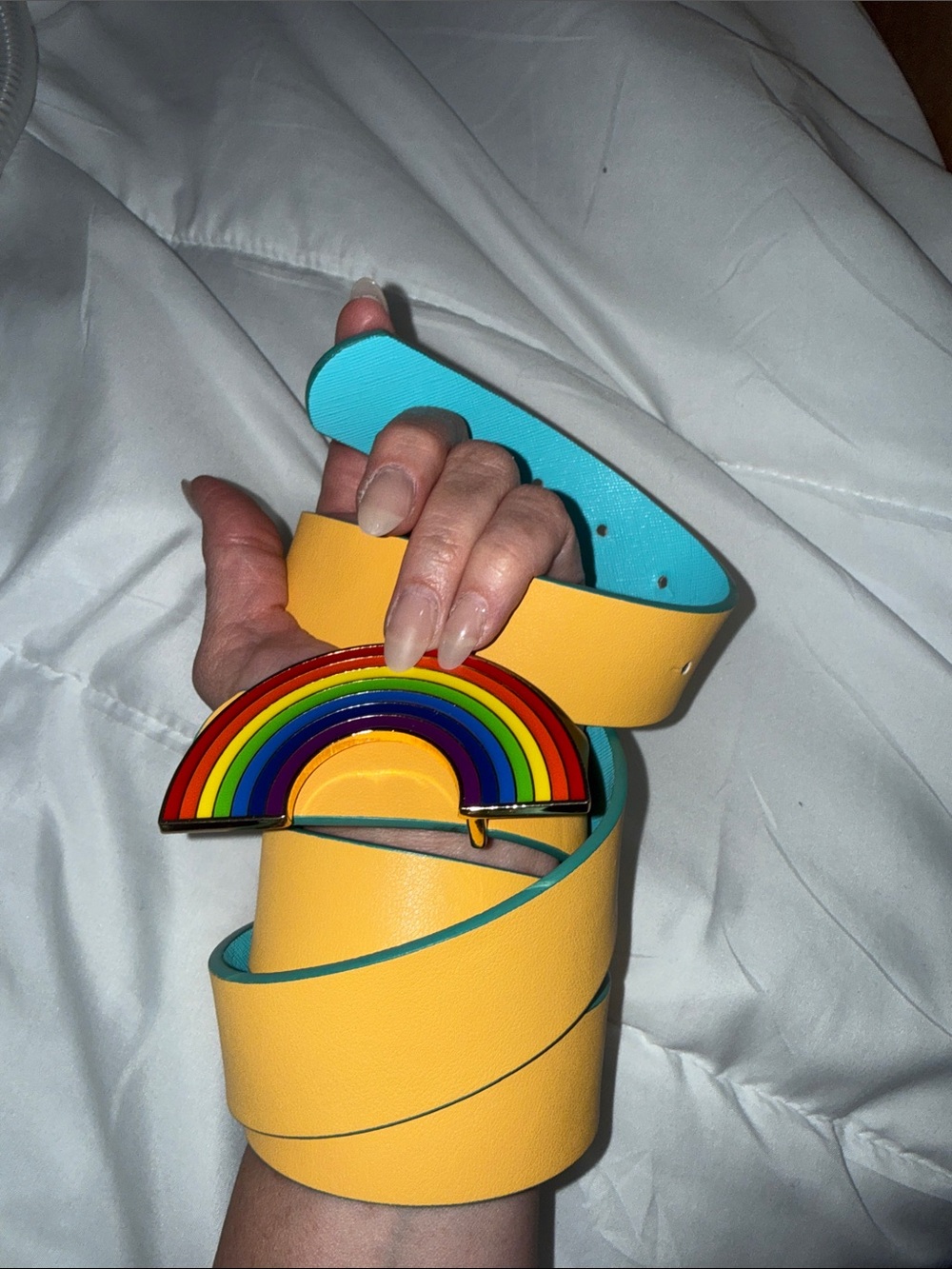 Yellow Blue Reversible Belt with Rainbow Enamel & Gold Circle Buckles Adjustable
